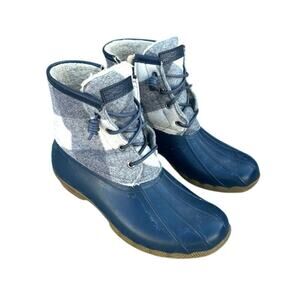 Sperry Women’s Saltwater Buffalo Check Duck Boots Size 9 Navy Plaid